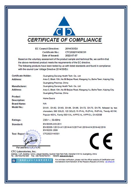 Certification CE pour sauna domestique